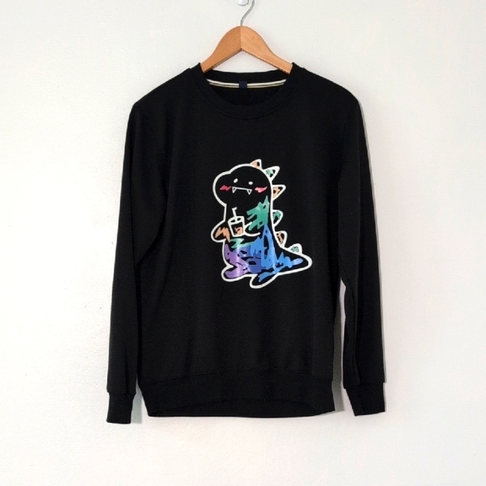 Black Messy Colorful Dinosaur Graphic Sweater Crewneck Sweatshirt Polyester Sz S